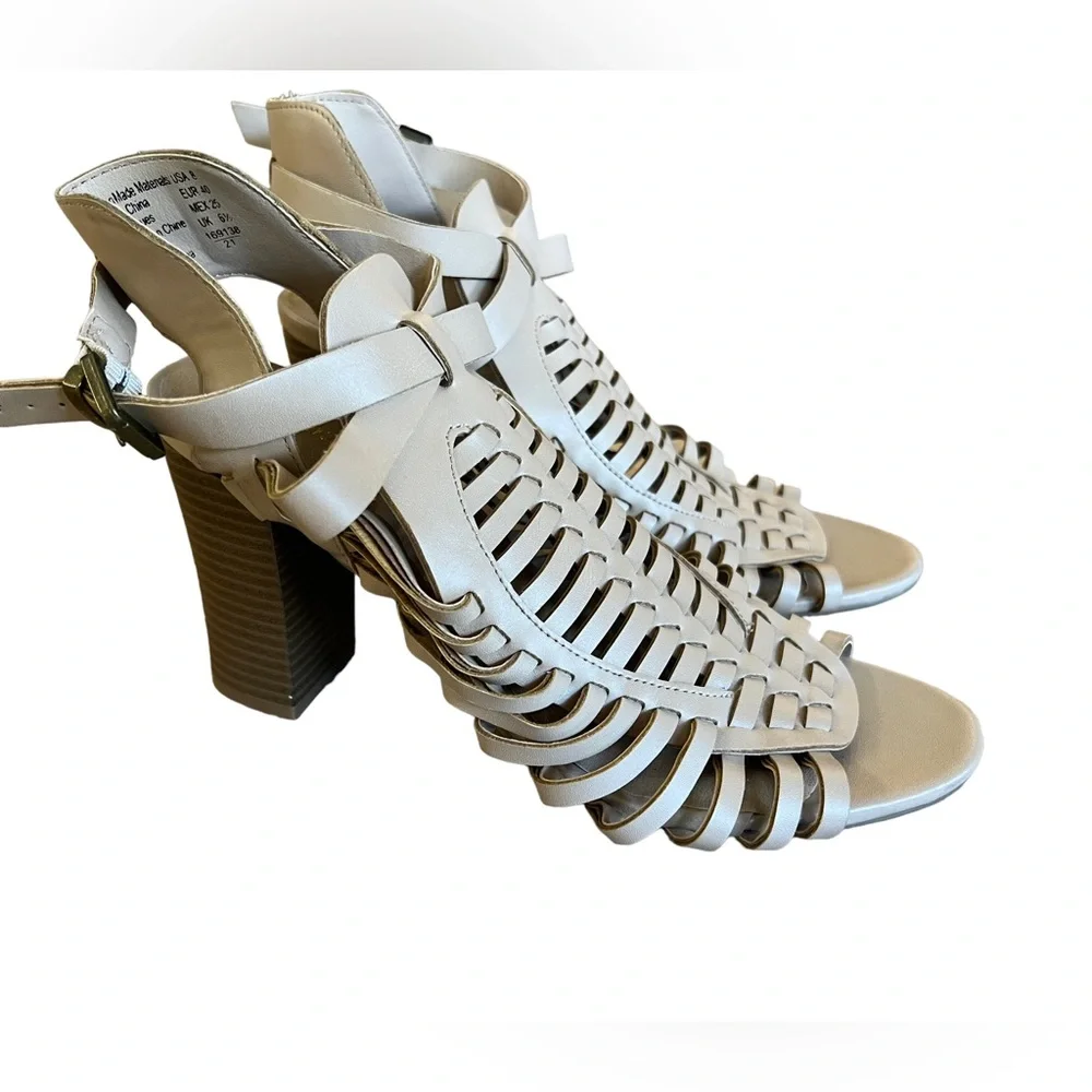 American Eagle Women's Size 8 Peep-Toe, Strappy Heels/ Tan/ Block Wood Heel